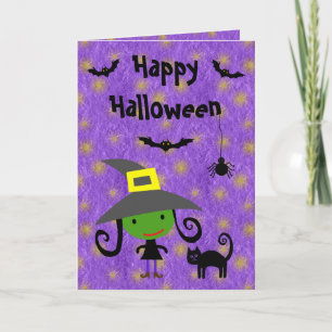 Cute Witch, Cat, Bats & Spider Purple Halloween Card