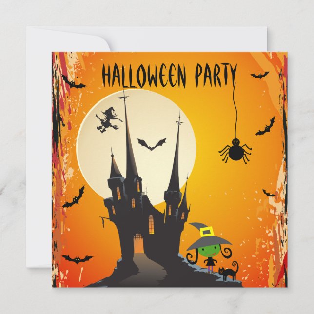 Cute Witch, Cat & Castle Halloween Party Invites (Front)