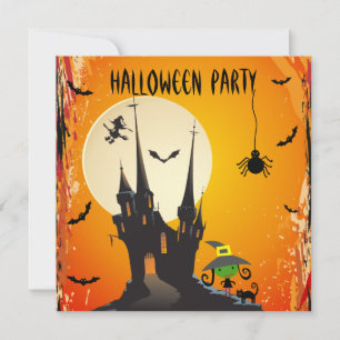Cute Witch, Cat & Castle Halloween Party Invites