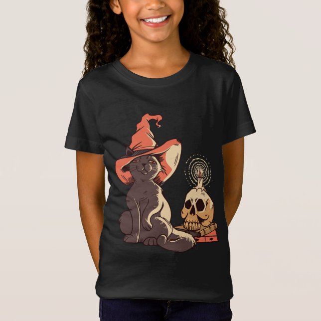 Cute Witch Cat Design T-Shirt (Front)