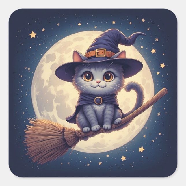 Cute Witch Cat Flying Across Full Moon Night 🎃 Square Sticker (Front)