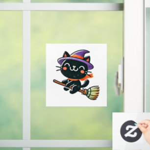 Cute witch cat flying on a broom - Halloween Window Cling