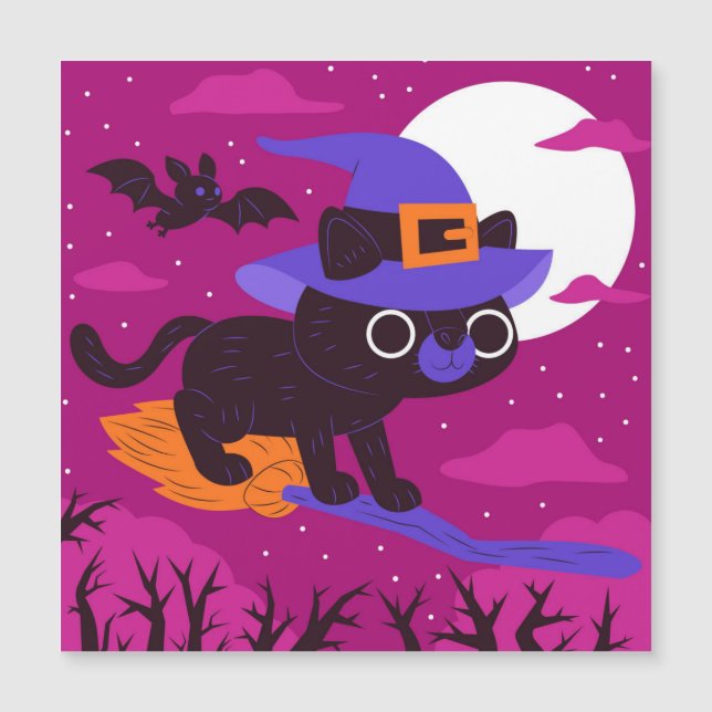 Cute Witch Cat Flying on Broom Halloween Kawaii (Front)