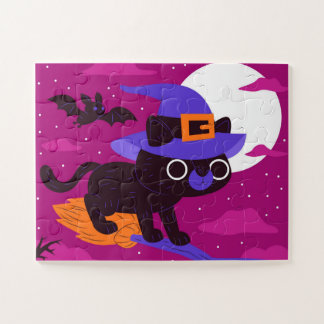 Cute Witch Cat Flying on Broom Halloween Kawaii Jigsaw Puzzle