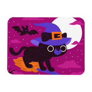 Cute Witch Cat Flying on Broom Halloween Kawaii Magnet