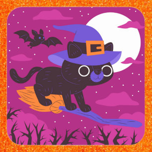 Cute Witch Cat Flying on Broom Halloween Kawaii Square Sticker
