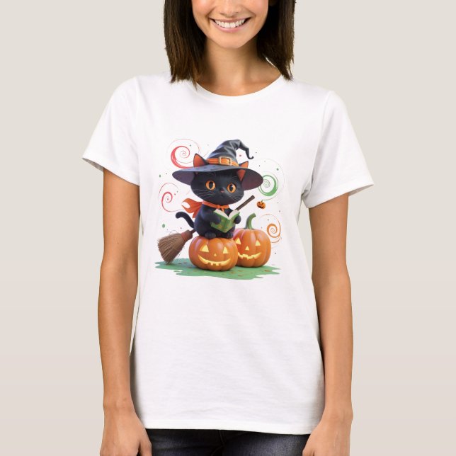 Cute Witch Cat – Halloween Magic Artwork T-Shirt (Front)