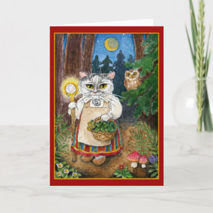 Cute witch cat in enchanted forest greeting card