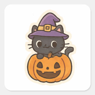 Cute Witch Cat in PumpkinKawaii Halloween Square Sticker
