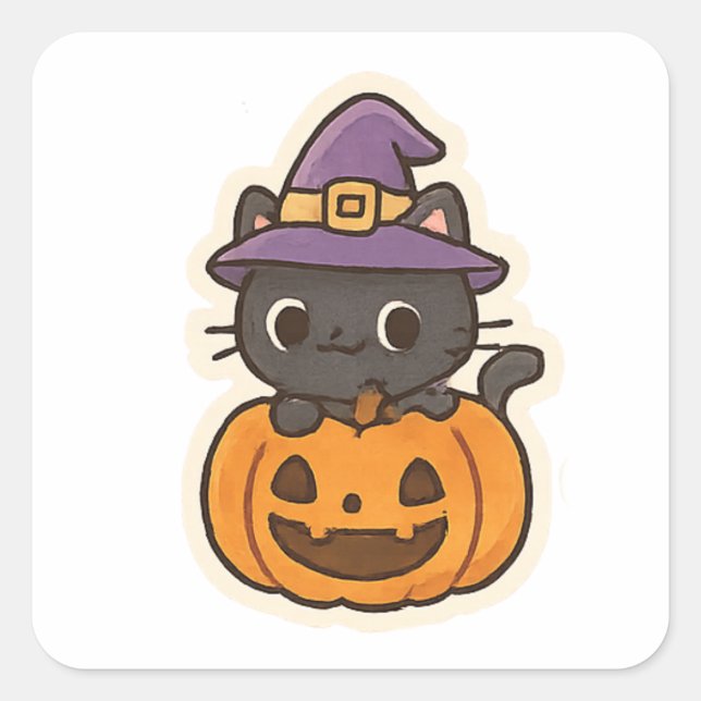 Cute Witch Cat in PumpkinKawaii Halloween Square Sticker (Front)