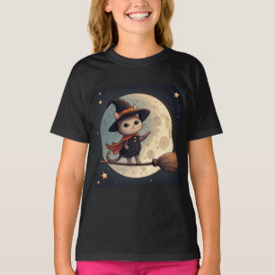Cute Witch Cat Moonlit Halloween Sky Theme 🎃 T-Shirt