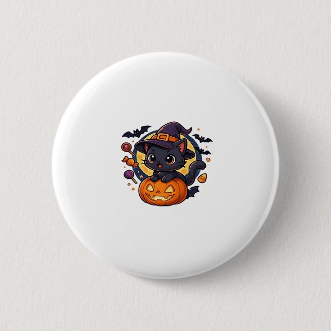 Cute Witch Cat on Pumpkin � Halloween Art Oversize 6 Cm Round Badge (Front)