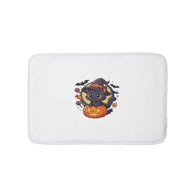 Cute Witch Cat on Pumpkin – Halloween Art Oversize Bath Mat (Front)