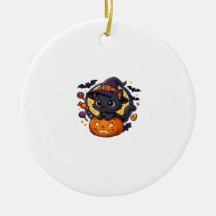 Cute Witch Cat on Pumpkin � Halloween Art Oversize Ceramic Tree Decoration