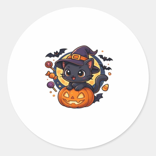Cute Witch Cat on Pumpkin – Halloween Art Oversize Classic Round Sticker (Front)