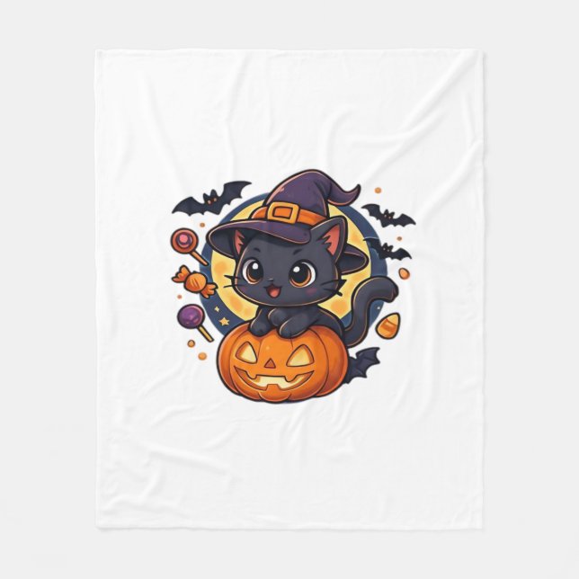 Cute Witch Cat on Pumpkin – Halloween Art Oversize Fleece Blanket (Front)