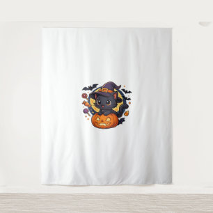 Cute Witch Cat on Pumpkin – Halloween Art Oversize Tapestry