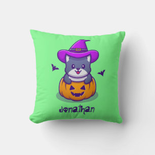 Cute Witch Cat Rising From Pumpkin Flying Bats Cushion