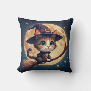 Cute Witch Cat Under Stars And Full Moon 🎃 Cushion