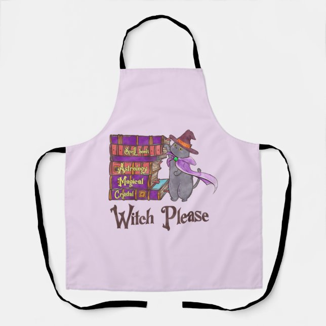 Cute Witch Cat with Books – “Witch Please” Apron (Front)