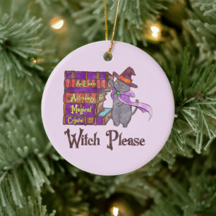 Cute Witch Cat with Books – “Witch Please” Ceramic Tree Decoration