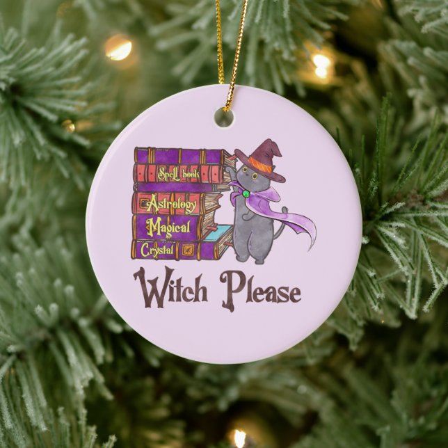 Cute Witch Cat with Books – “Witch Please” Ceramic Tree Decoration (Tree)