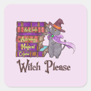Cute Witch Cat with Books – “Witch Please” Square Sticker