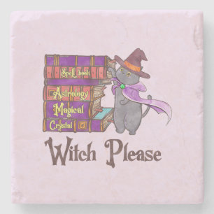 Cute Witch Cat with Books – “Witch Please” Stone Coaster
