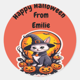 Cute Witch cat with pumpkin  Classic Round Sticker