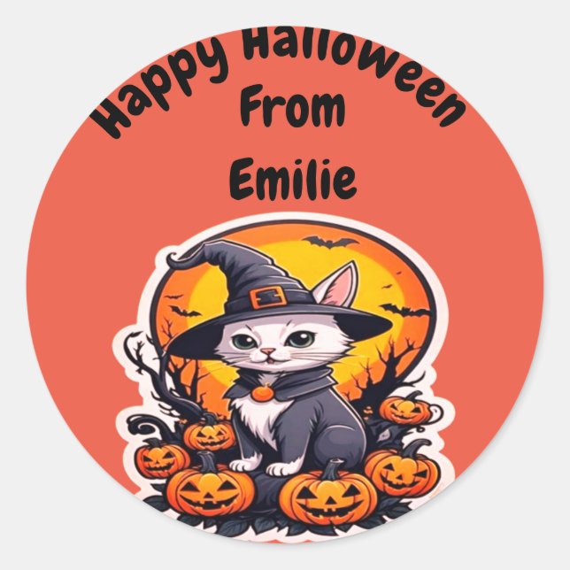 Cute Witch cat with pumpkin  Classic Round Sticker (Front)