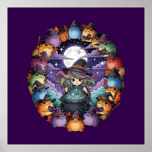 Cute Witch Creating Magical Moments With Toads Poster
