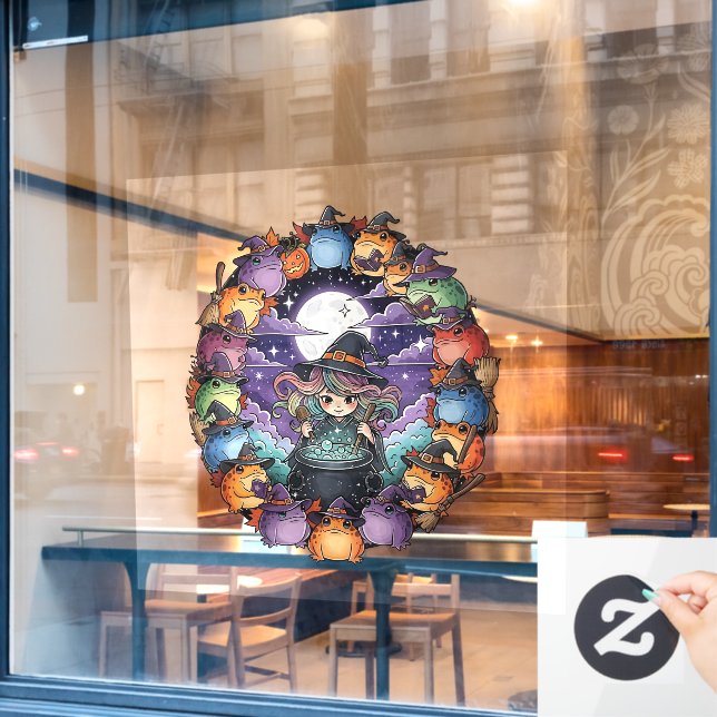 Cute Witch Creating Magical Moments With Toads Window Cling (Cafe Window)