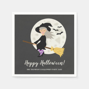 Cute Witch Flying On A Broom Halloween Party Napkin