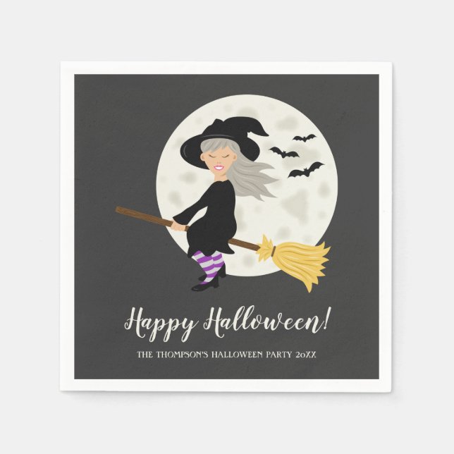 Cute Witch Flying On A Broom Halloween Party Napkin (Front)