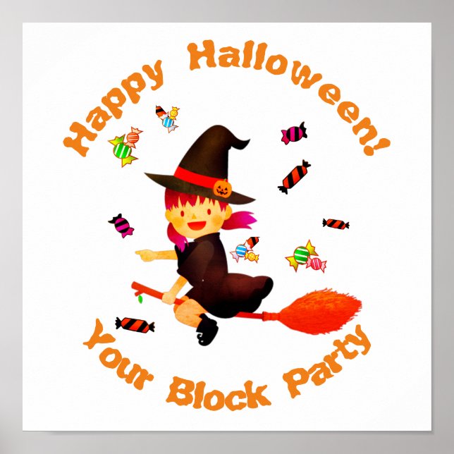 Cute Witch Flying on her Broom Halloween Poster (Front)