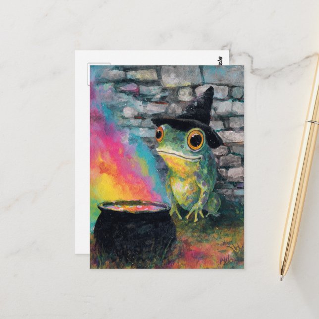 Cute witch frog doing a rainbow spell postcard (Front/Back In Situ)