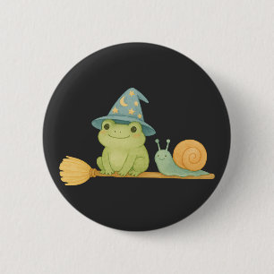 Cute Witch Frog On Broom with Snail Halloween 6 Cm Round Badge