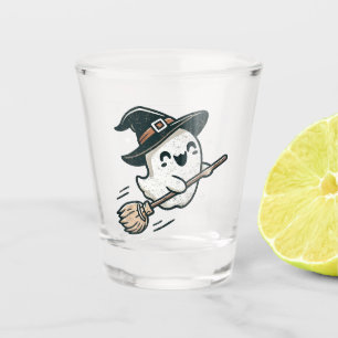 Cute witch ghost flying on a broom - Halloween  Shot Glass