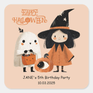 Cute Witch& Ghost Kids Halloween Birthday Party  Square Sticker