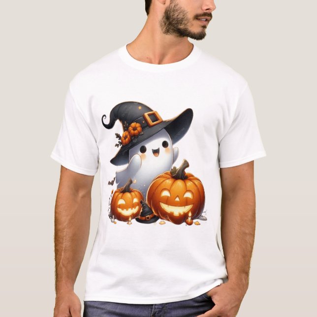 Cute Witch Ghost with Pumpkin in Graveyard Hallowe T-Shirt (Front)