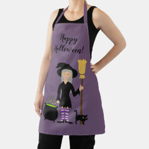 Cute Witch Girl And A Cat & Happy Halloween Text Apron