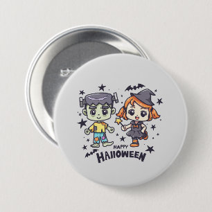 Cute Witch Girl and Mischievous Zombie Boy 7.5 Cm Round Badge