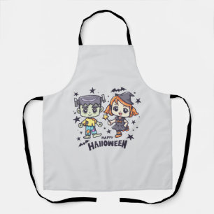 Cute Witch Girl and Mischievous Zombie Boy Apron
