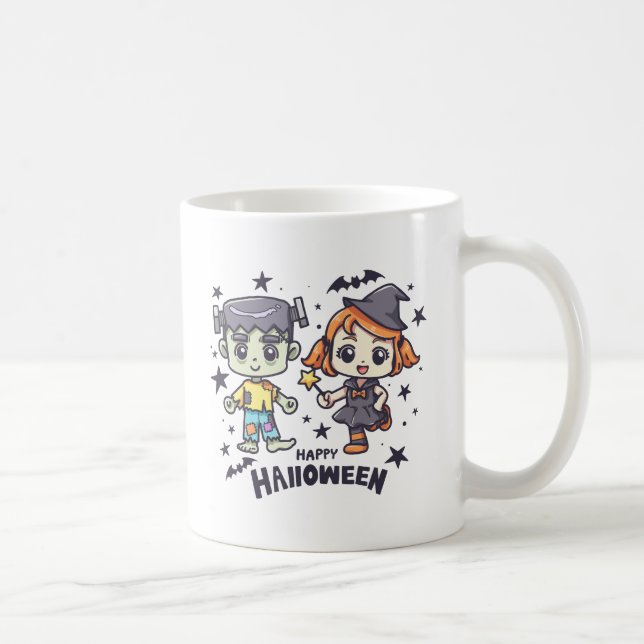 Cute Witch Girl and Mischievous Zombie Boy Coffee Mug (Right)