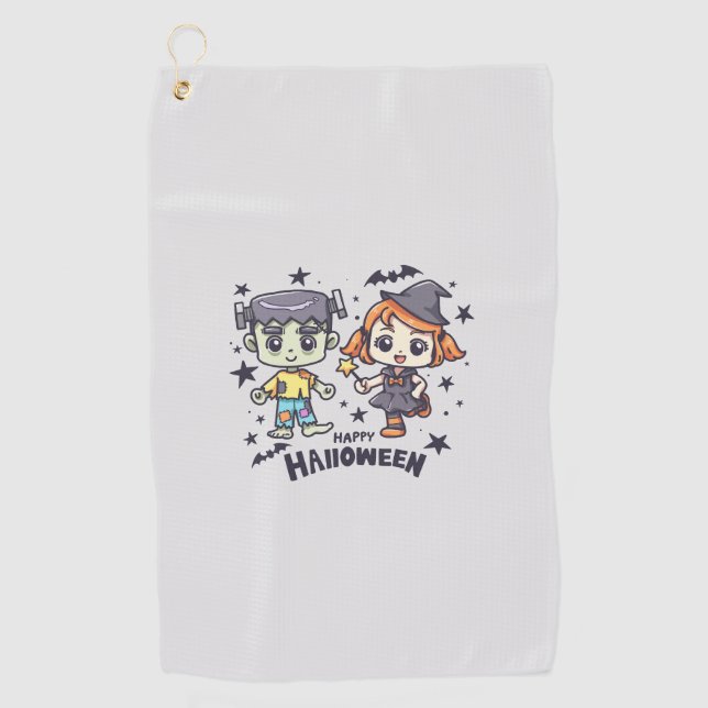Cute Witch Girl and Mischievous Zombie Boy Golf Towel (Front)