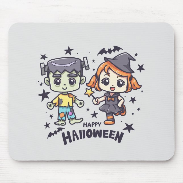 Cute Witch Girl and Mischievous Zombie Boy Mouse Mat (Front)