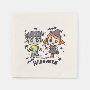 Cute Witch Girl and Mischievous Zombie Boy Napkin