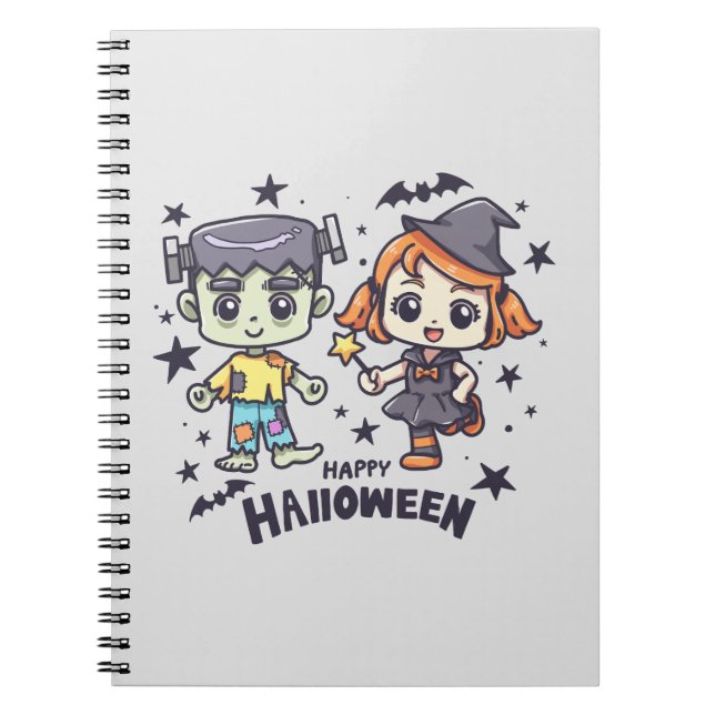 Cute Witch Girl and Mischievous Zombie Boy Notebook (Front)