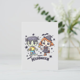 Cute Witch Girl and Mischievous Zombie Boy Postcard