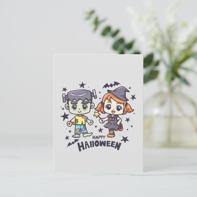 Cute Witch Girl and Mischievous Zombie Boy Postcard (Standing Front)